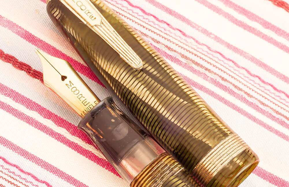 vintage moore green swirl marble art-deco trim fountain pen