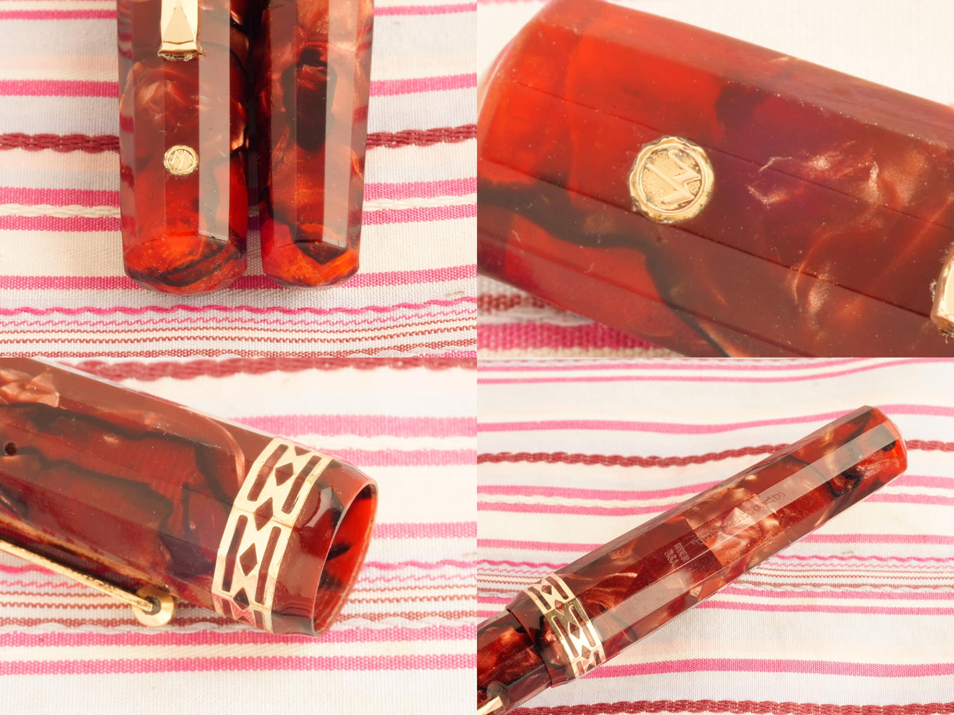 vintage eversharp doric senior jumbo red shell marble facet art-deco gold emblem fountain pen