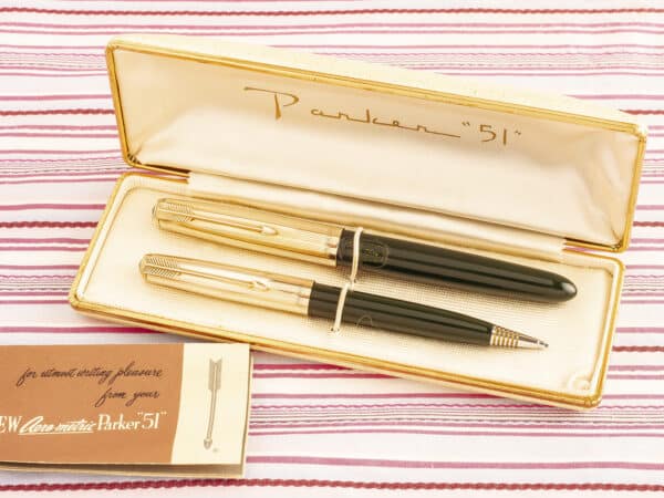vintage parker 51 gold forest green fountain pen pencil box set new old stock