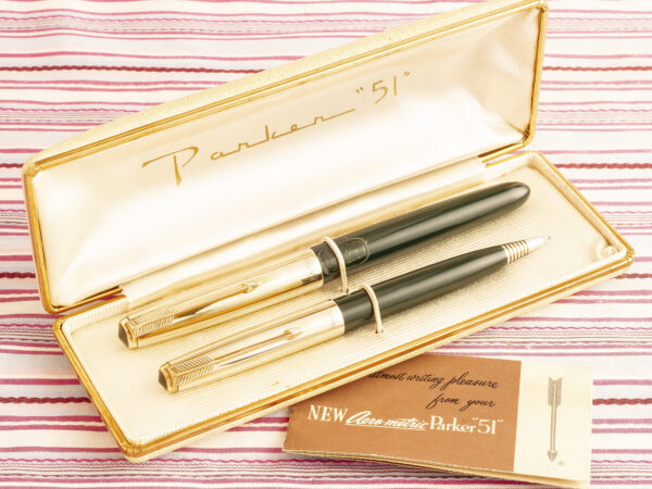 vintage parker 51 gold forest green fountain pen pencil box set new old stock