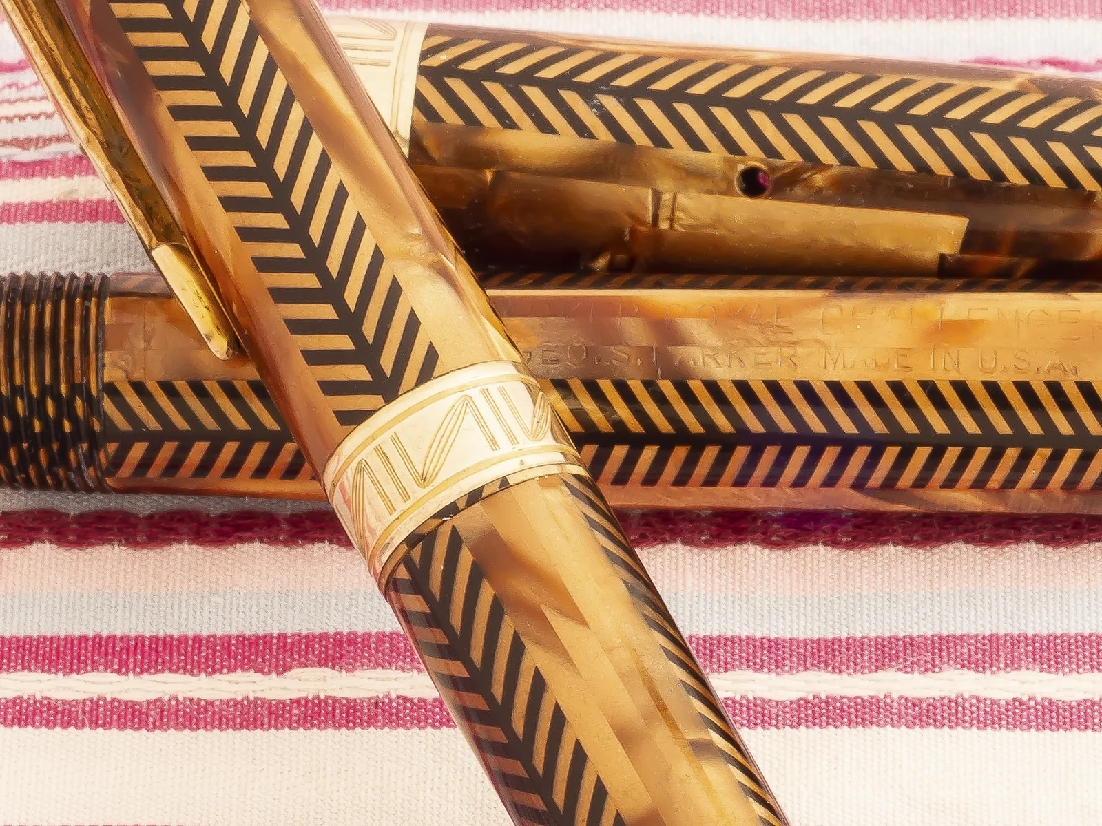 vintage parker royal challenger golden tiger eye herringbone jeweler capband fountain pen pencil set