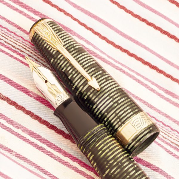 vintage parker vacumatic maxima senior green pearl striped amber semi-transparent marble broad gold chevron capband double jewel speedline filler fountain pen