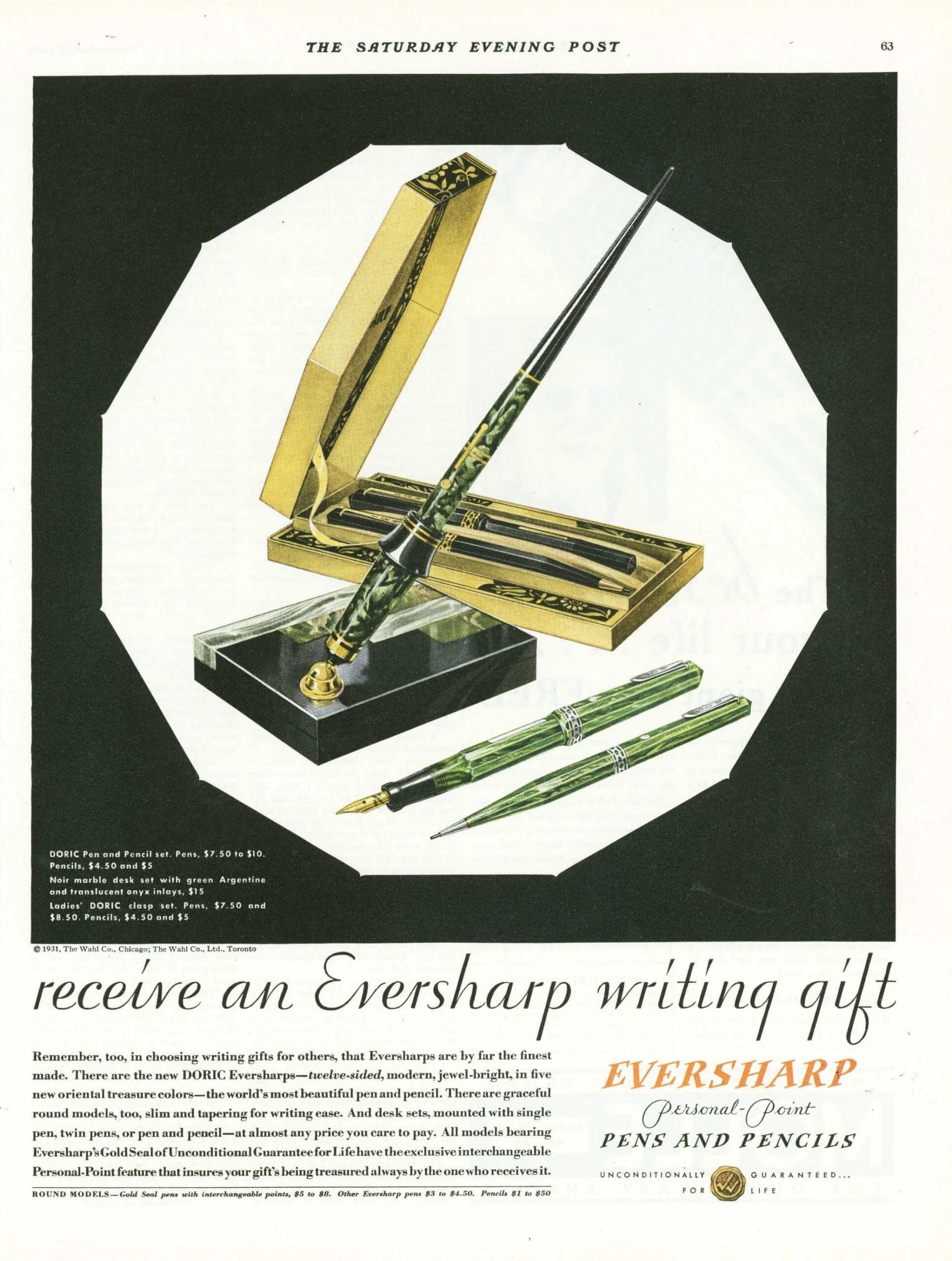 vintage eversharp doric green shell senior fountain pen pencil set advertisement2