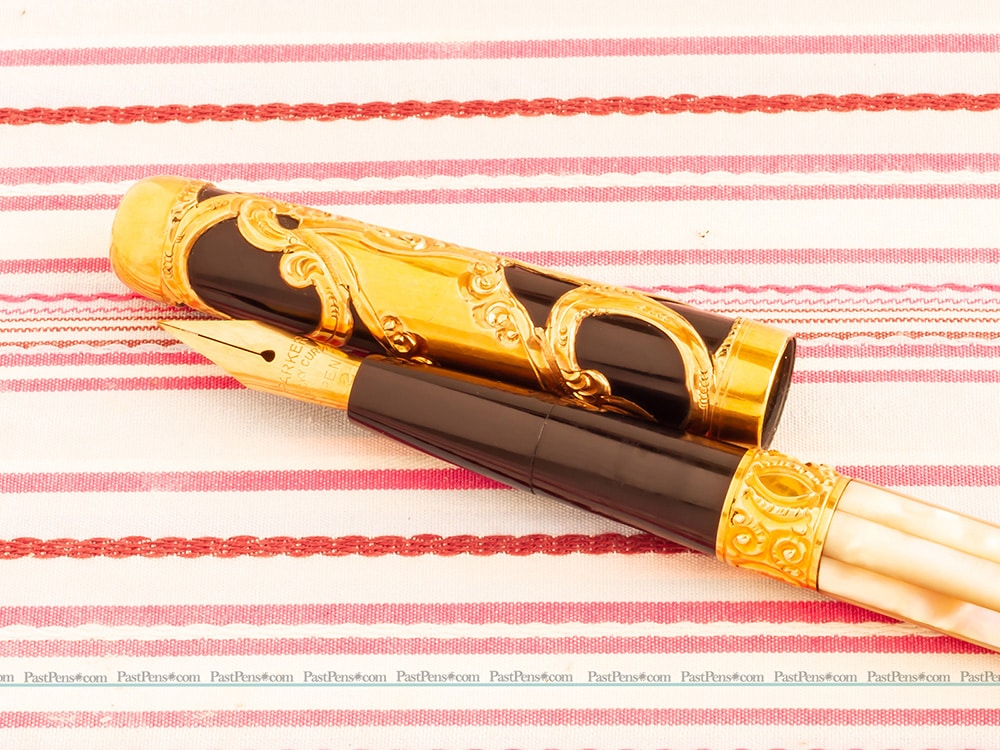 vintage parker lucky curve antique gold filigree overlay mother of pearl eyedropper fountain pen serviced