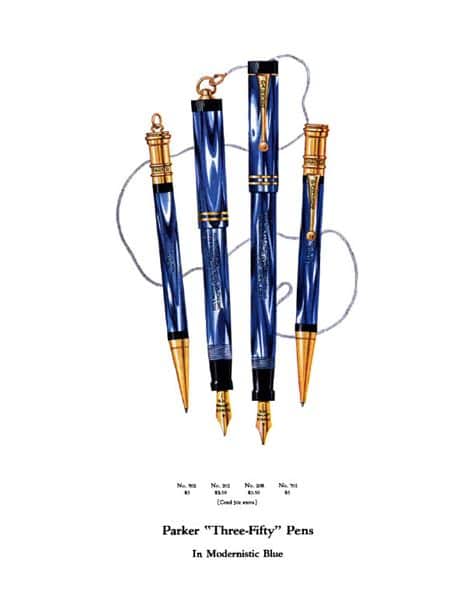 parker duofold true blue modernistic fountain pen pencil set vintage pk157 advertisement